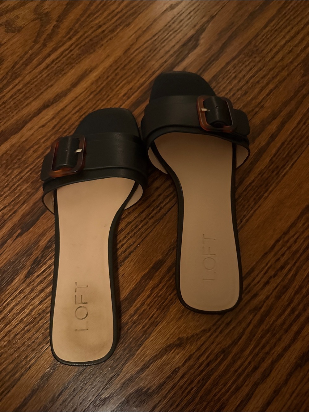 LOFT Black Slide Sandals with Tortoiseshell Buckle